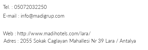 Madi Hotel Lara telefon numaralar, faks, e-mail, posta adresi ve iletiim bilgileri